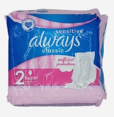 Always Classic Sensitive Soft Feel Protection Pads with Wings, 9-count pack.