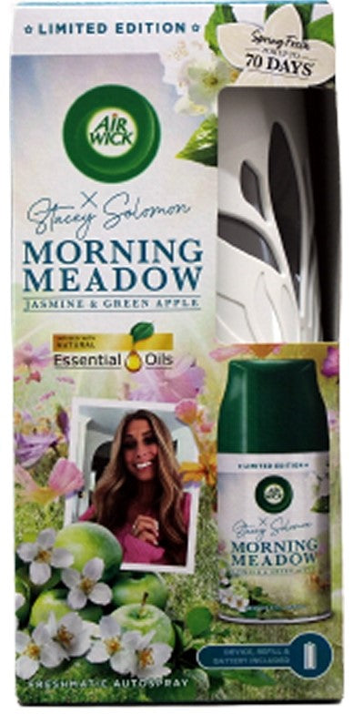 Air Wick Freshmatic Auto Spray device with 250ml Morning Meadow refill, automatic fragrance for home.
