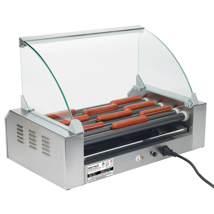 (Fits EHDG-11R, Fits EHDG-5R, Fits EHDG-7R) Sneeze Guard Hot Dog Roller 1/Pack this Sneeze Guard is constructed of polycarbonate and has a metal frame. The product features a clear color.