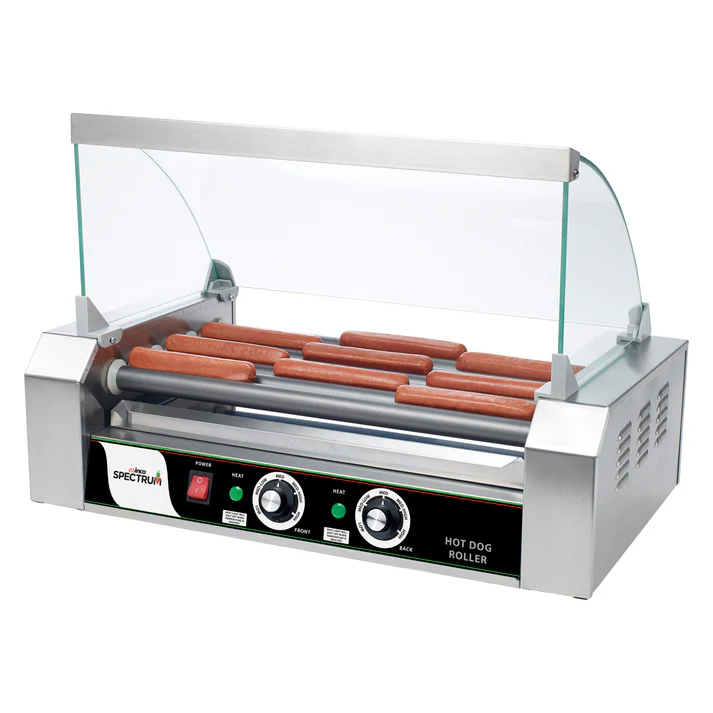 (Fits EHDG-11R, Fits EHDG-5R, Fits EHDG-7R) Sneeze Guard Hot Dog Roller 1/Pack this Sneeze Guard is constructed of polycarbonate and has a metal frame. The product features a clear color.