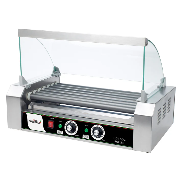(Fits EHDG-11R, Fits EHDG-5R, Fits EHDG-7R) Sneeze Guard Hot Dog Roller 1/Pack this Sneeze Guard is constructed of polycarbonate and has a metal frame. The product features a clear color.