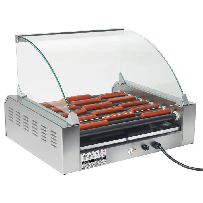 (Fits EHDG-11R, Fits EHDG-5R, Fits EHDG-7R) Sneeze Guard Hot Dog Roller 1/Pack this Sneeze Guard is constructed of polycarbonate and has a metal frame. The product features a clear color.