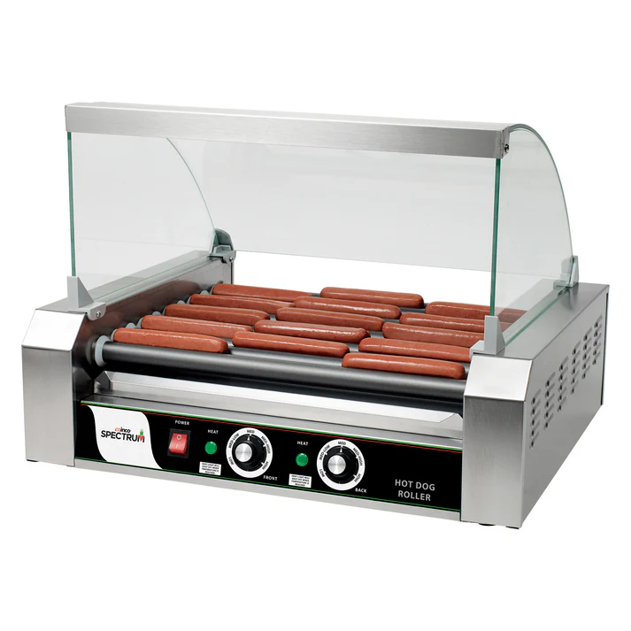 (Fits EHDG-11R, Fits EHDG-5R, Fits EHDG-7R) Sneeze Guard Hot Dog Roller 1/Pack this Sneeze Guard is constructed of polycarbonate and has a metal frame. The product features a clear color.