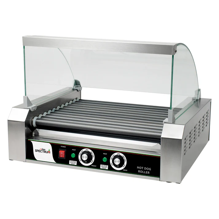 (Fits EHDG-11R, Fits EHDG-5R, Fits EHDG-7R) Sneeze Guard Hot Dog Roller 1/Pack this Sneeze Guard is constructed of polycarbonate and has a metal frame. The product features a clear color.