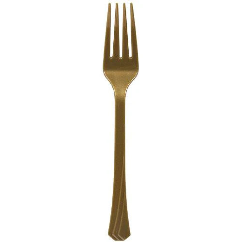 Gold plastic cutlery set with forks, knives, soup spoons, and teaspoons. Elegant, durable, and disposable—perfect for weddings, parties, and upscale events. Adds sophistication and convenience to any table.