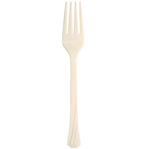 Ivory plastic cutlery set with forks, knives, soup spoons, and teaspoons. Elegant, durable, and disposable—perfect for weddings, anniversaries, and upscale events. Adds sophistication to any dining setup.