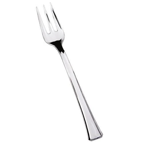 Mini polished silver utensil box with 48 disposable forks and spoons, featuring a sleek metallic finish, perfect for weddings, parties, catering, and upscale dining events.