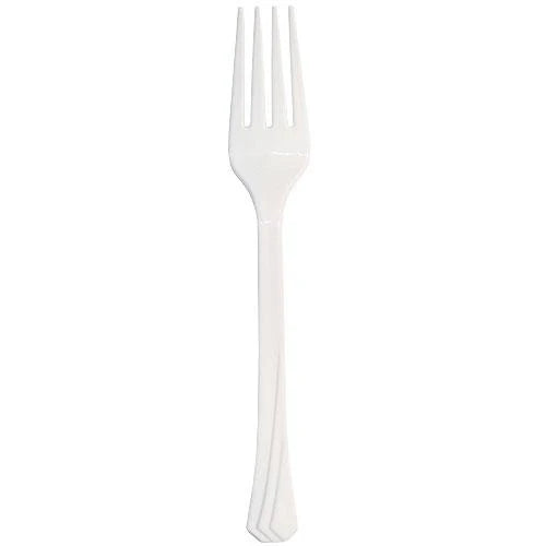 Pearl plastic cutlery set with forks, knives, soup spoons, and teaspoons. Elegant, durable, and disposable—perfect for weddings, bridal showers, and upscale events. Adds sophistication to any table setting.
