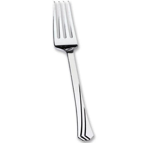Polished silver plastic cutlery set includes a fork, knife, soup spoon, and teaspoon. Elegant, durable, and disposable, perfect for weddings, parties, and events. Adds sophistication to any occasion.