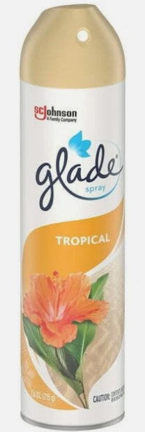 Glade Spray Air Freshener in Tropical scent, 7.6 oz can for instant room freshness.