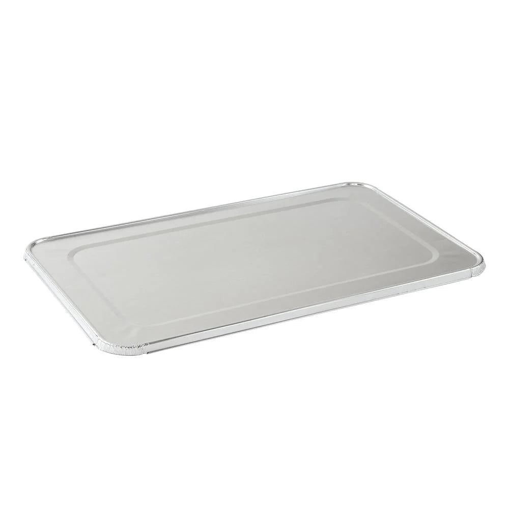 Full-size aluminum pan lid for secure food storage and transport. Heavy-duty, disposable, oven-safe, and leak-resistant. Ideal for catering, meal prep, and food service. Keeps food fresh and spill-free.