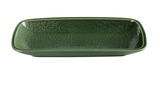 Yanco Rectangular Plate GG-514 showcases food with striking elegance, featuring a vibrant green glaze and textured interior that elevates any presentation. Its elongated design is perfect for sushi, desserts, appetizers, tastings, and decorative plating. Crafted from durable chinaware, it offers both beauty and strength, making it ideal for restaurants, catering services, hotels, and home entertainers seeking eye-catching displayware that performs as well as it looks.