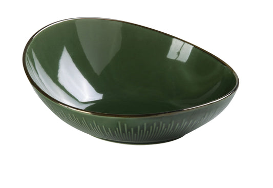 Yanco Sheer Bowl GG-711 delivers dramatic visual appeal with its striking slanted profile and vibrant green glaze. Crafted from durable chinaware, it offers a generous 66 oz capacity—perfect for large salads, family-style servings, noodle dishes, entrées, or tableside presentations. The asymmetric design features a lower side at 2 and 1 over 2 Inches, creating a dynamic angle that enhances modern plating and adds a bold statement to any dining experience. 