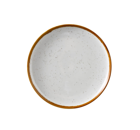 Yanco Round Plate With Up-Right Rim GL-106 brings a modern elegance to tabletop presentations. Crafted from durable porcelain, it showcases a clean white finish with soft speckles and a gently colored rim. The up-right edge design not only adds a distinctive touch but also helps contain food, making it ideal for serving bread, butter, or small appetizers with style.