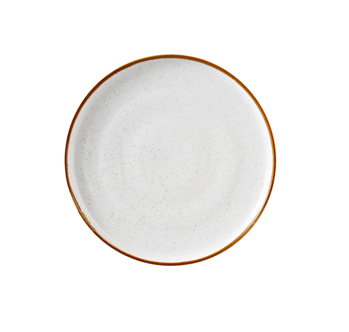 Yanco Round Plate With Up-Right Rim GL-109 brings a modern elegance to tabletop presentations. Crafted from durable porcelain, it showcases a clean white finish with soft speckles and a gently colored rim. The up-right edge design not only adds a distinctive touch but also helps contain food, making it ideal for serving bread, butter, or small appetizers with style.