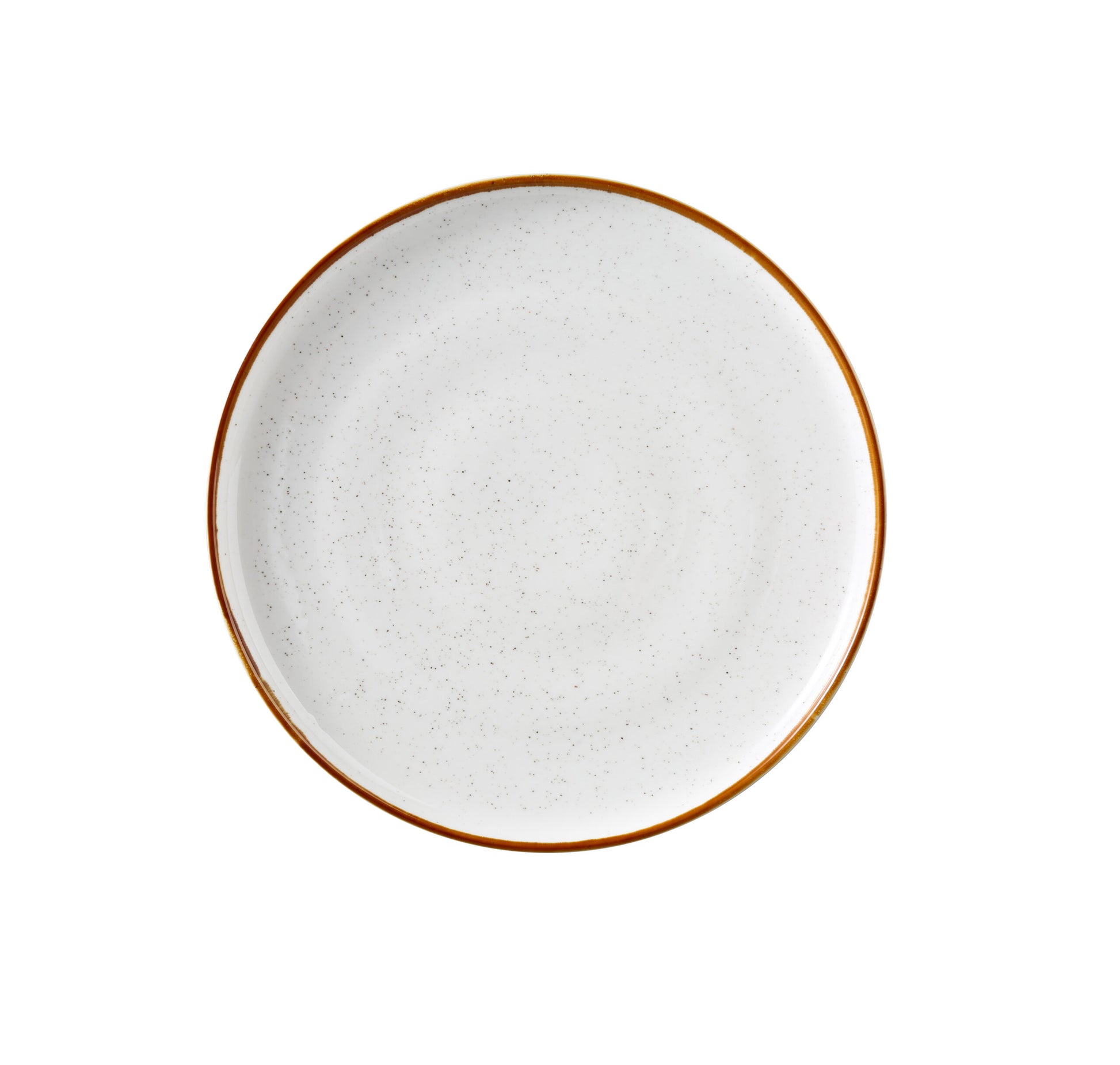 Yanco Round Plate With Up-Right Rim GL-109 brings a modern elegance to tabletop presentations. Crafted from durable porcelain, it showcases a clean white finish with soft speckles and a gently colored rim. The up-right edge design not only adds a distinctive touch but also helps contain food, making it ideal for serving bread, butter, or small appetizers with style.