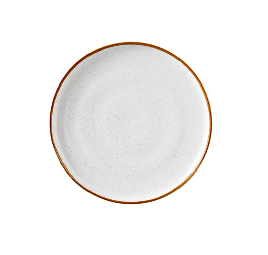 Yanco Round Plate With Up-Right Rim GL-109 brings a modern elegance to tabletop presentations. Crafted from durable porcelain, it showcases a clean white finish with soft speckles and a gently colored rim. The up-right edge design not only adds a distinctive touch but also helps contain food, making it ideal for serving bread, butter, or small appetizers with style.