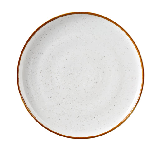 Yanco Round Plate With Up-Right Rim GL-112 is a stylish essential for modern dining. Made from high-quality porcelain, it features a white speckled surface complemented by a subtle colored rim. Its up-right edge design enhances both presentation and practicality, helping to keep foods neatly in place. This plate is ideal for serving entrees and composed dishes in restaurants, cafes, or upscale casual settings.