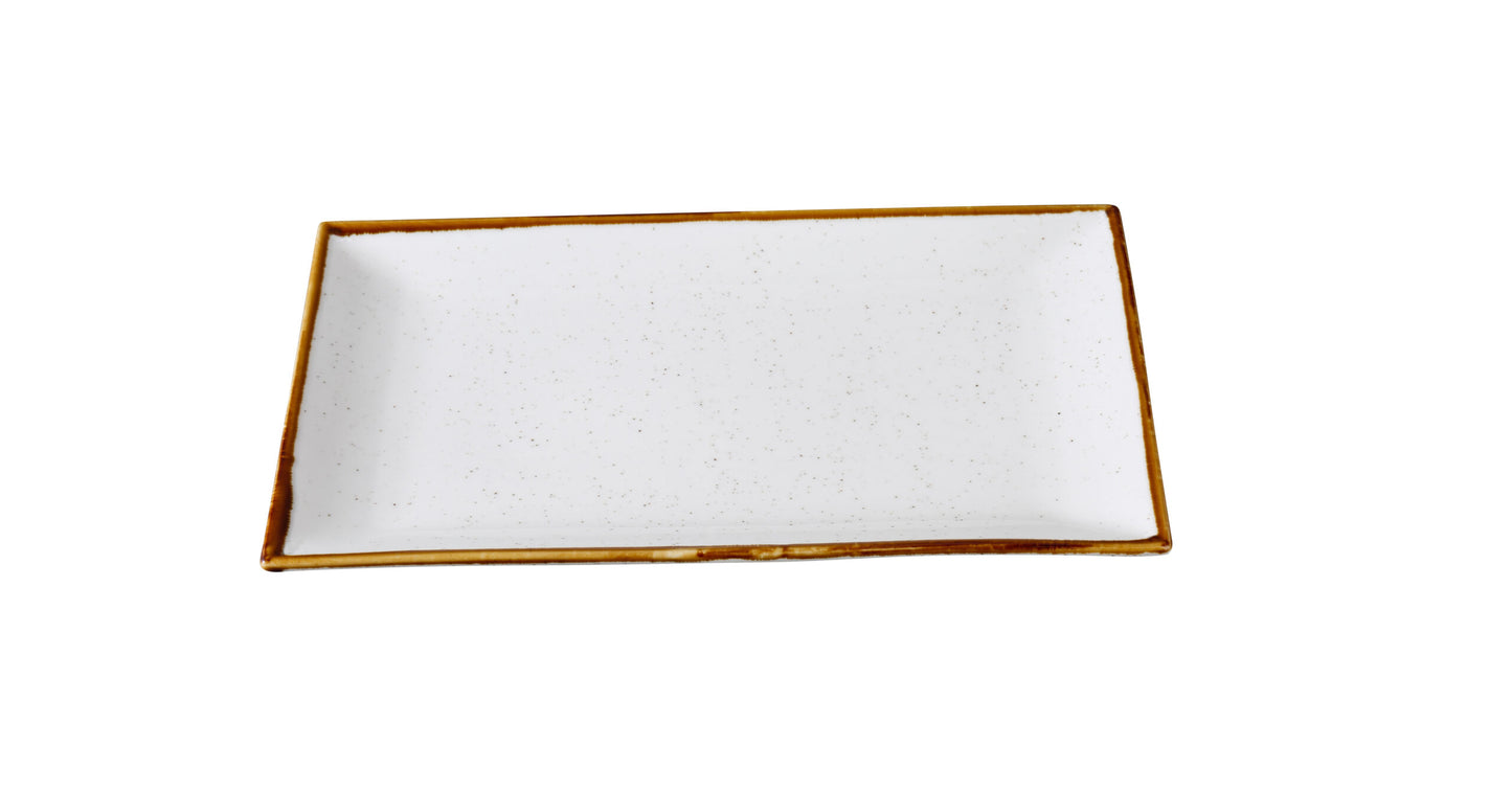 Yanco Rectangular Plate GL-208 offers a sleek and modern way to present appetizers, sushi, or small shared plates. Crafted from durable porcelain, this piece features a speckled white finish with a delicately colored rim, adding visual interest and charm. Its clean lines and rectangular shape provide a contemporary aesthetic that complements a variety of table settings.