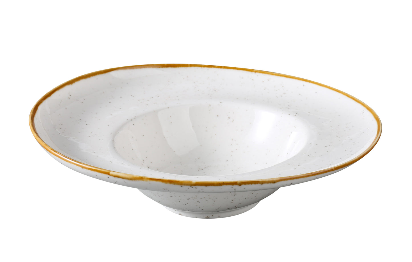 Yanco Soup Plate GL-309 showcases a graceful oval form with a contemporary flair. Made from high-quality porcelain, it features a speckled white surface accented by a soft colored rim. This piece is perfect for serving soups, broths, or light pasta dishes with elegance and charm in both casual and refined dining spaces.