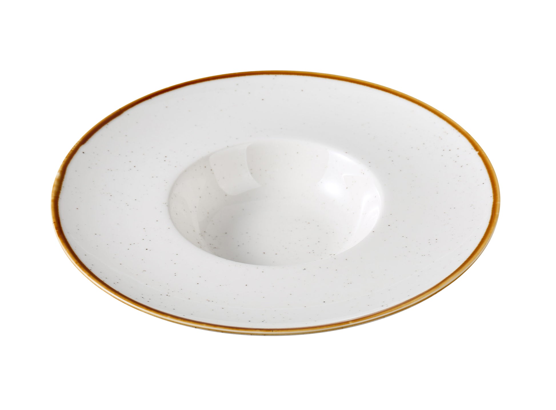 Yanco Soup Plate GL-410 showcases a graceful oval form with a contemporary flair. Made from high-quality porcelain, it features a speckled white surface accented by a soft colored rim. This piece is perfect for serving soups, broths, or light pasta dishes with elegance and charm in both casual and refined dining spaces.