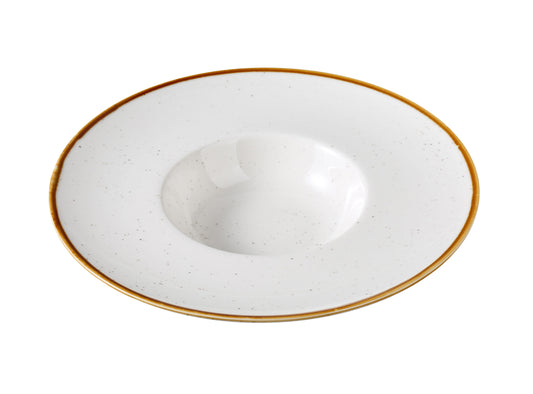 Yanco Soup Plate GL-410 showcases a graceful oval form with a contemporary flair. Made from high-quality porcelain, it features a speckled white surface accented by a soft colored rim. This piece is perfect for serving soups, broths, or light pasta dishes with elegance and charm in both casual and refined dining spaces.