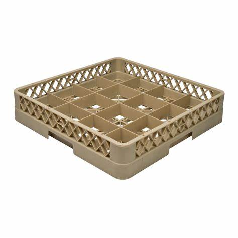 Stanton Trading Full-size glass/stemware rack with 16-compartment, 4-7/16" square compartments, open bottom and sidewalls for optimal drainage, and a maximum inside height of 2-5/8". Measures 19-5/8" x 19-5/8" and comes in brown with snap-fit extenders for adjustable height. Stackable design for convenient storage and transport.