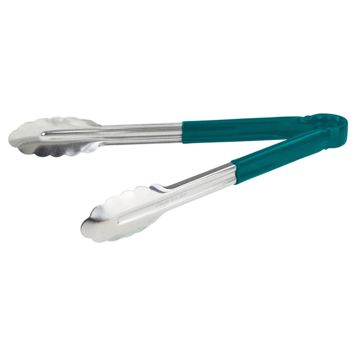 (Blue, Green, Black, Red, Yellow - 12", 16", 9") Utility Tong 12/Pack color-coded handles on these utility tongs are designed to help you develop your own color-coded program to promote safety and reduce the risk of cross-contamination. Long heavy-duty stainless steel utility tongs from Winco that feature a heavy-duty plastic handle. These tongs are designed especially for cold food service and they have scalloped edges.