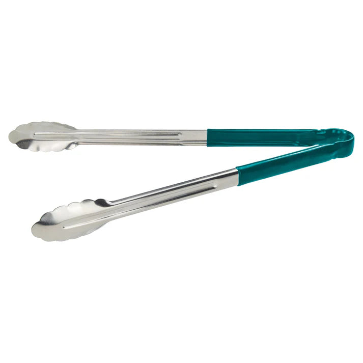 (Blue, Green, Black, Red, Yellow - 12", 16", 9") Utility Tong 12/Pack color-coded handles on these utility tongs are designed to help you develop your own color-coded program to promote safety and reduce the risk of cross-contamination. Long heavy-duty stainless steel utility tongs from Winco that feature a heavy-duty plastic handle. These tongs are designed especially for cold food service and they have scalloped edges.