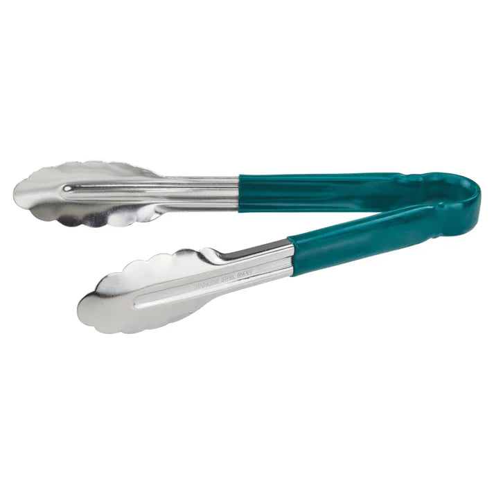 (Blue, Green, Black, Red, Yellow - 12", 16", 9") Utility Tong 12/Pack color-coded handles on these utility tongs are designed to help you develop your own color-coded program to promote safety and reduce the risk of cross-contamination. Long heavy-duty stainless steel utility tongs from Winco that feature a heavy-duty plastic handle. These tongs are designed especially for cold food service and they have scalloped edges.