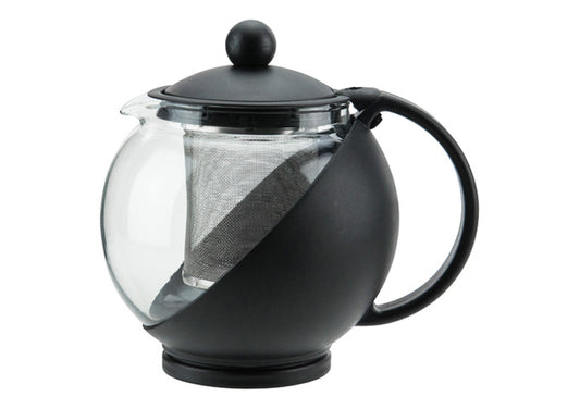 Winco GTP-25 25 oz Black PP Exterior Glass Liner with Removable Stainless Steel Strainer Teapot - Restaurant Kitchen, Buffet Stations, Catering Services
