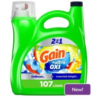 Gain + Ultra Oxi Liquid Laundry Detergent, Water Delight scent, 4.55 L / 154 fl oz, HE, removes stains and leaves clothes fresh for up to 107 loads.