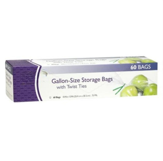 Gallon-size plastic bags with ties for food storage, freezing, and meal prep. Heavy-duty, leak-proof, and food-safe with secure twist ties. Perfect for home kitchens, restaurants, and bulk storage.
