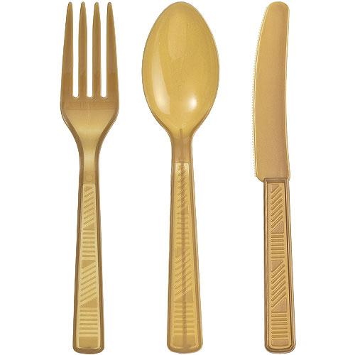 Colorful plastic cutlery set in pink, red, light blue, hot pink, silver, gold, blue, and black. Includes a fork, spoon, and knife. Durable, disposable, and perfect for events, catering, and takeout.