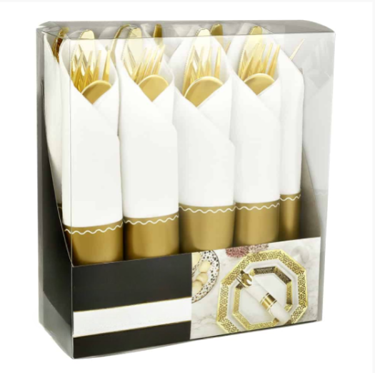 Elegant Pre-Rolled Napkin Cutlery in Black, Silver, and Gold. Perfect for weddings, catering, and upscale dining. High-quality disposable set for convenience and sophistication.
