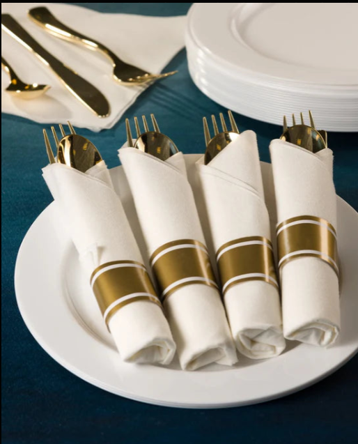 Elegant Pre-Rolled Napkin Cutlery in Black, Silver, and Gold. Perfect for weddings, catering, and upscale dining. High-quality disposable set for convenience and sophistication.