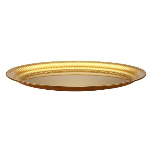 14" x 21" Ridged Oval Tray – Elegant plastic serving platter in Clear and Gold. Perfect for catering, weddings, and events. Durable, lightweight, and stylish for effortless food presentation.