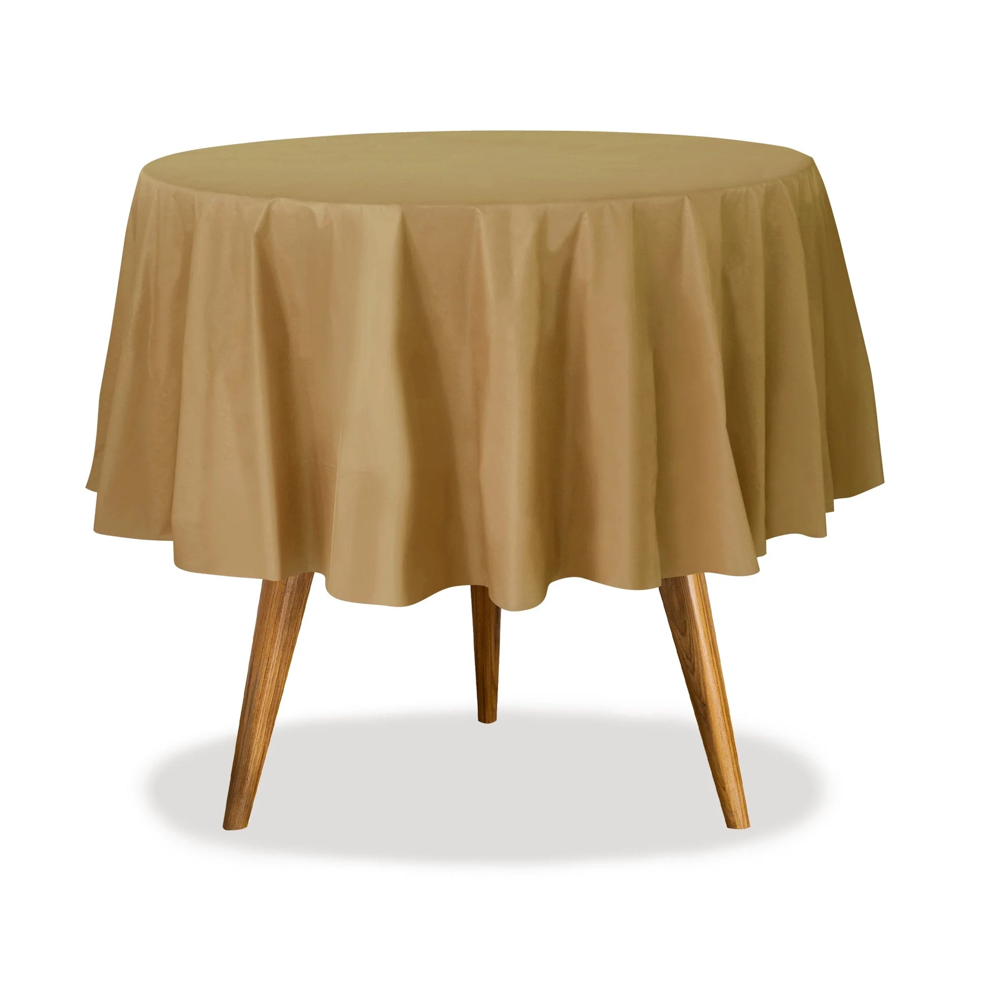 84" round table cover in white, red, blue, gold, yellow, black, silver, lime green, hot pink, orange, purple, and green. Durable, disposable, and perfect for events, parties, and catering.