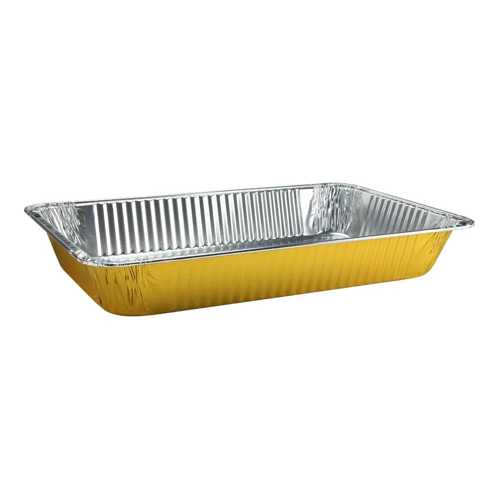 Full-size aluminum pan in red, white, black, gold, and pink. Heavy-duty, disposable, oven-safe, and durable. Great for baking, roasting, catering, and meal prep. Stylish and functional for all uses.