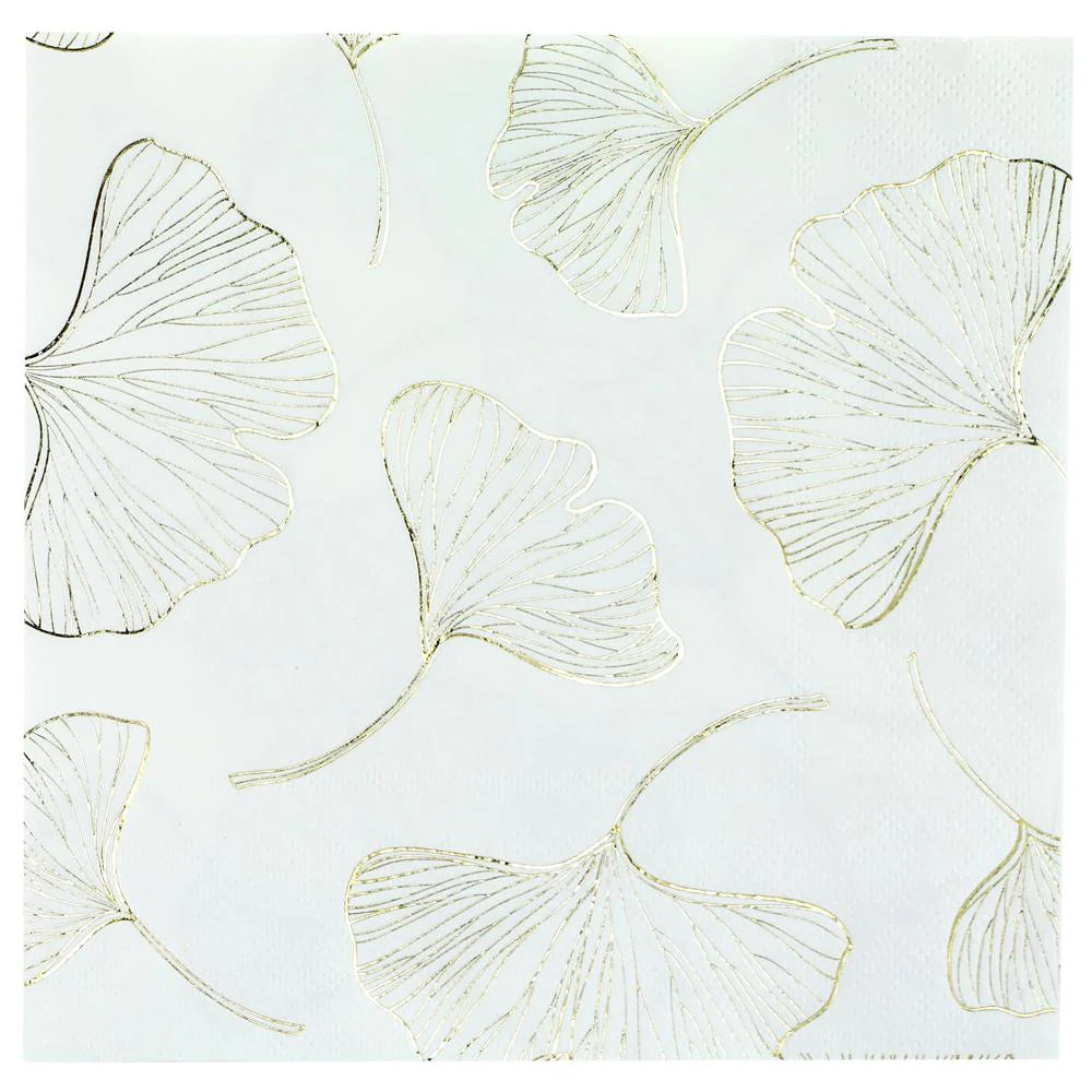 Elegant Gingko Lunch Napkins in gold, silver, and rose gold. Premium disposable napkins perfect for weddings, parties, and events. Soft, absorbent, and stylish for any table setting.