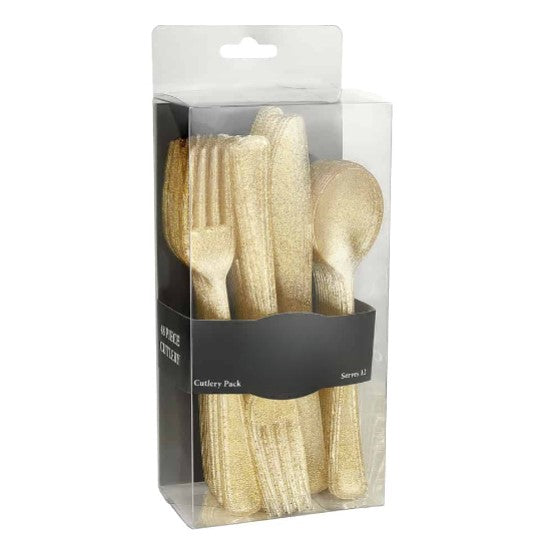 Glitter Combo Cutlery Box with premium disposable forks, knives, and spoons in Gold, Silver, Rose Gold, and Blue—perfect for weddings, parties, and catering events with a stylish, shimmering design.