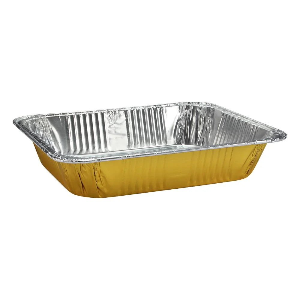 Half-size aluminum pan in red, white, black, gold, and pink. Heavy-duty, disposable, oven-safe, and durable. Perfect for baking, roasting, catering, and meal prep. Stylish and functional for all uses.