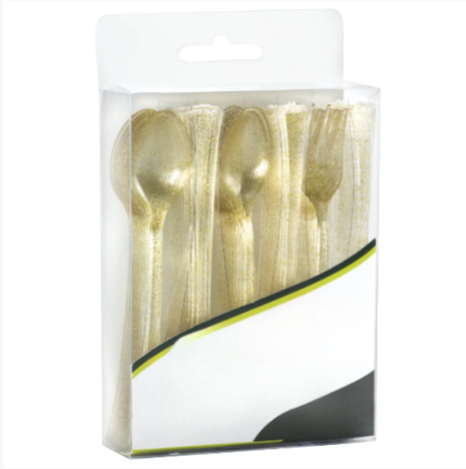 Mini glitter combo set with disposable silver and gold utensils, perfect for weddings, parties, catering, and upscale events, adding elegance and sparkle to any table setting.