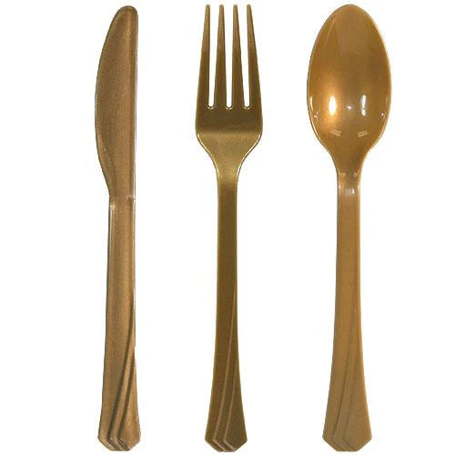 Plastic cutlery combo set with forks, knives, and spoons in Clear, Pearl, Yellow, Pink, Hydrangea, Light Blue, Silver, Gold, Island Blue, Red, Orange, Blue, Black, Hot Pink & Lime Green.