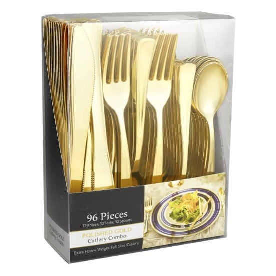 Polished Combo Box with premium disposable forks, knives, and spoons in Gold, Silver, and Rose Gold. Ideal for weddings, events, and catering with an elegant, high-end look and durable design.