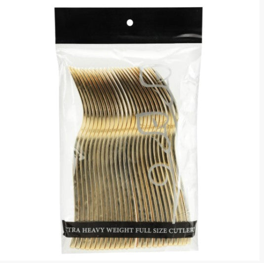 Polished fork bag with elegant disposable forks in Gold, Silver, and Rose Gold. Perfect for weddings, parties, catering, and upscale dining with a stylish and durable design.
