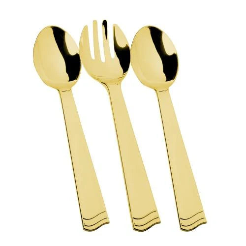 Polished 3-piece utensil set with 2 spoons and 1 fork in Gold, Silver, and Rose Gold. Elegant cutlery for weddings, fine dining, and upscale events.