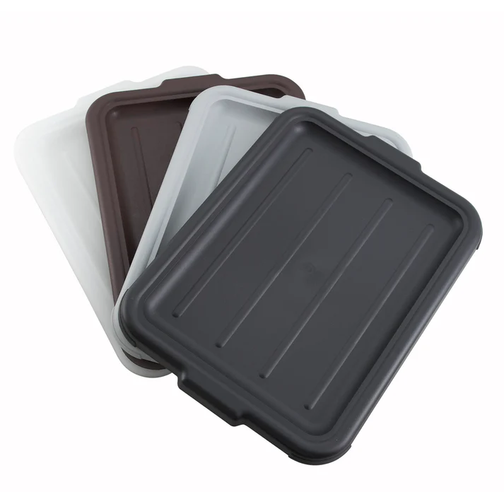 (Brown, Gray, Black, White) Cover for PL-5/7 Series 12/Pack combines both great construction and amazing design. This particular box cover has been designed specifically to accommodate the Winco dish box available under PL-7B item code. This lid is manufactured of the same material as the dish box that is high quality sturdy polypropylene. This material proves to be heavy duty, yet it doesn't cost a lot. The cover's surface is rather simple, featuring a countered edge.