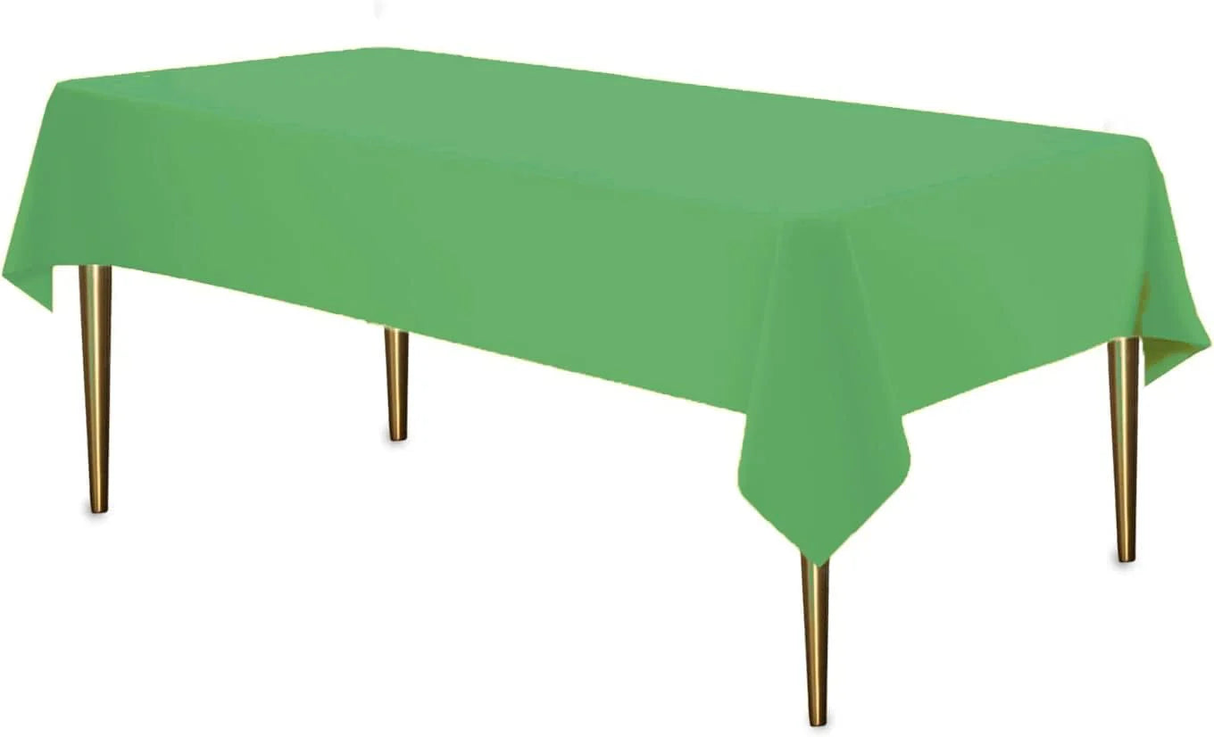 54"x108" table cover in white, red, blue, ivory, yellow, silver, lime green, hot pink, orange, black, green, gold, purple, and hunter green. Durable, disposable, and perfect for events.