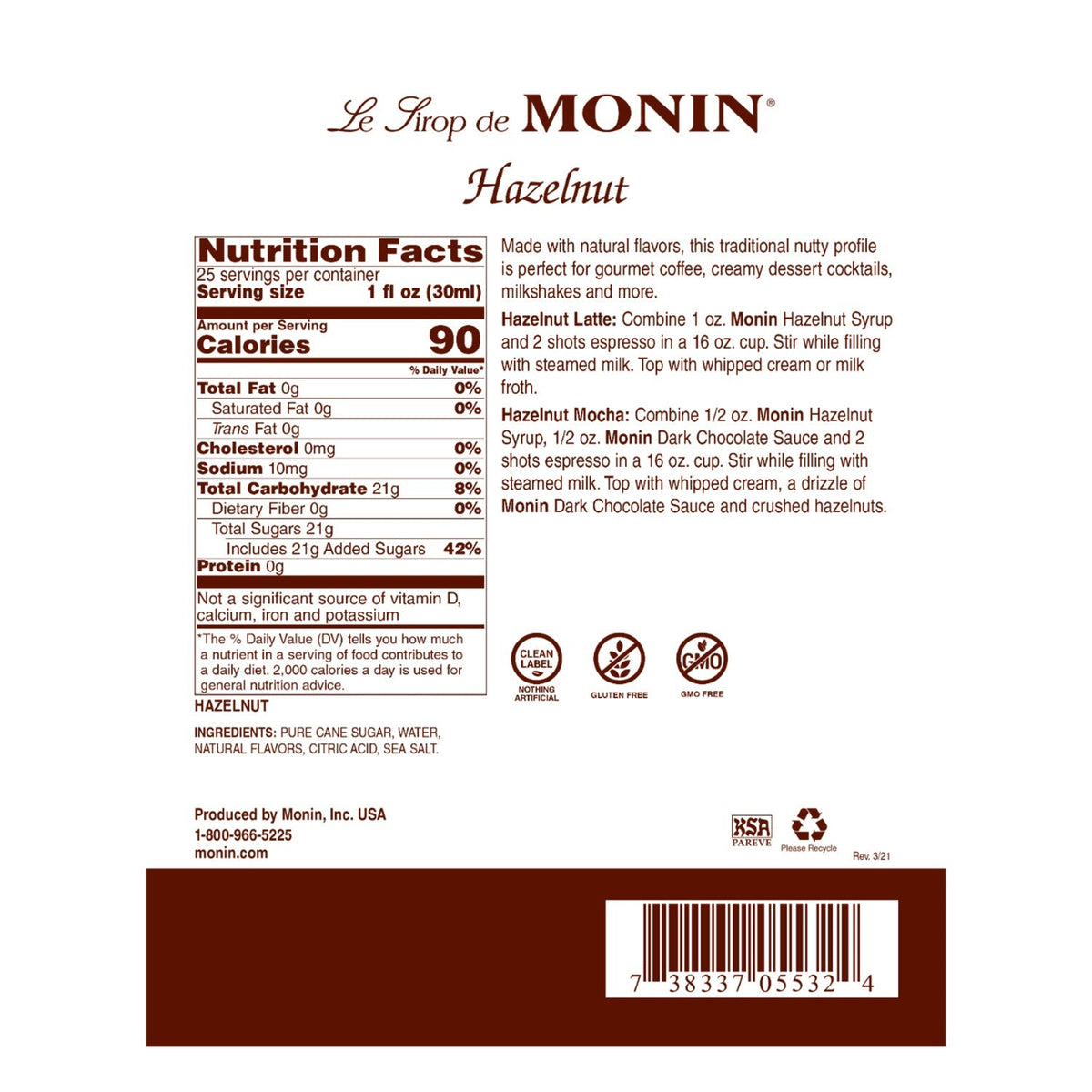 Monin Hazelnut Syrup 750 mL Bottle additional product image